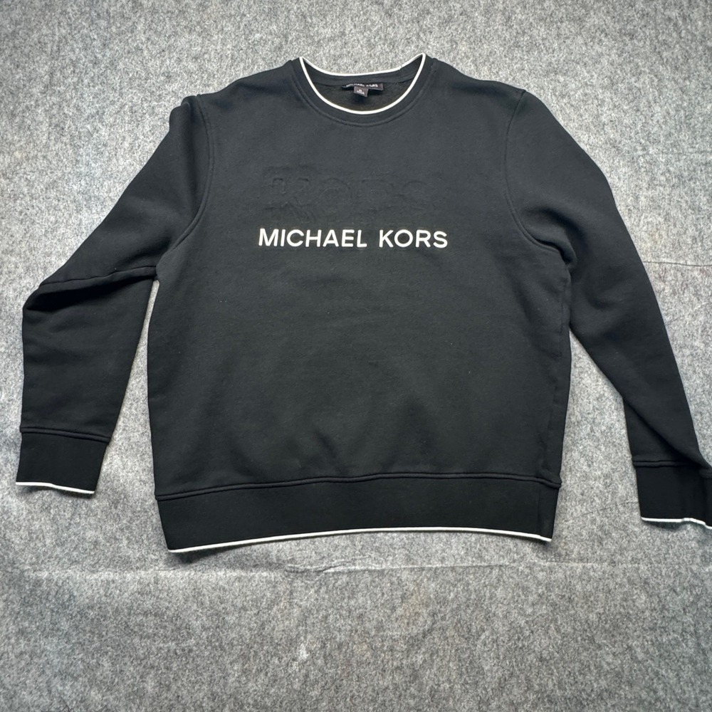 MICHAEL KORS Mens Black Crew‎ Neck Sweatshirt XL Embossed Logo White Trim